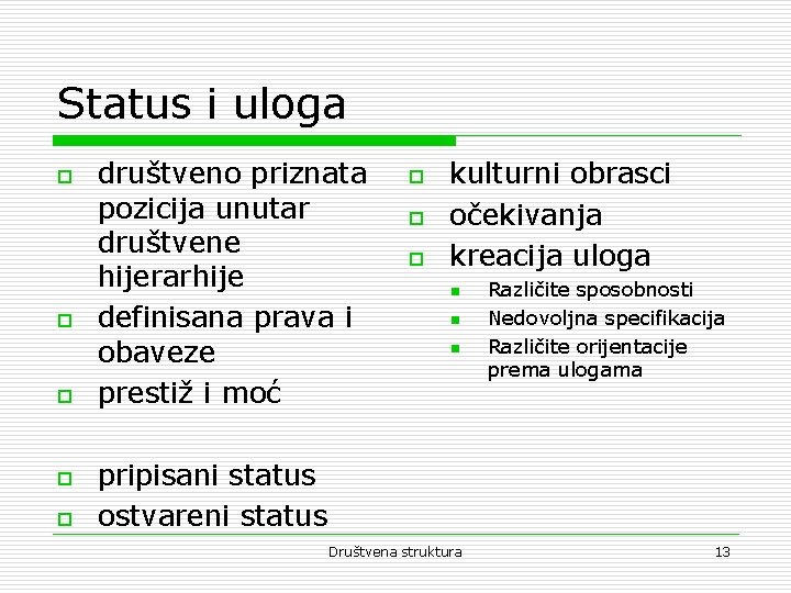 Status i uloga o o o društveno priznata pozicija unutar društvene hijerarhije definisana prava