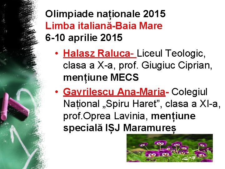 Olimpiade naționale 2015 Limba italiană-Baia Mare 6 -10 aprilie 2015 • Halasz Raluca- Liceul