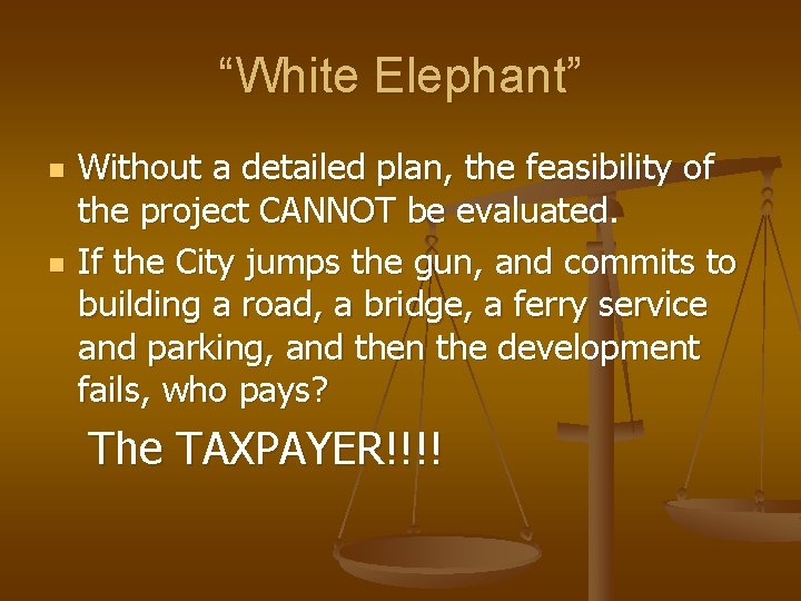 “White Elephant” n n Without a detailed plan, the feasibility of the project CANNOT