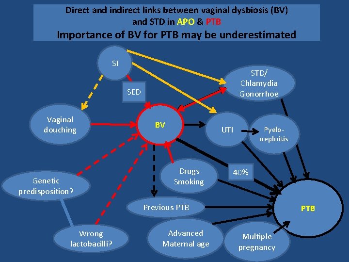 Direct and indirect links between vaginal dysbiosis (BV) and STD in APO & PTB