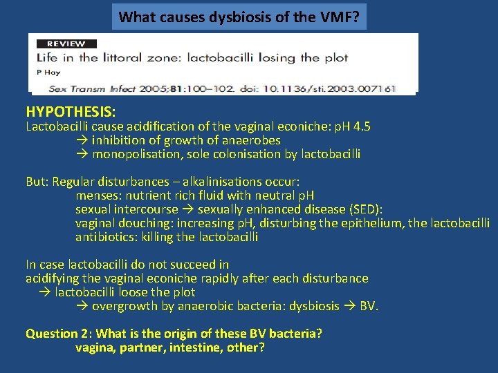 What causes dysbiosis of the VMF? HYPOTHESIS: Lactobacilli cause acidification of the vaginal econiche: