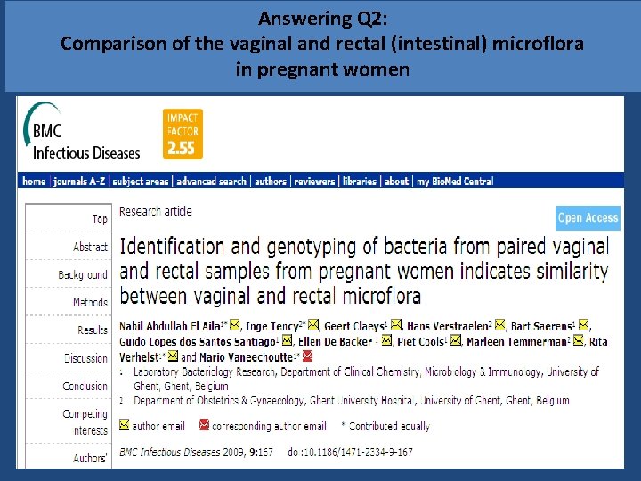 Answering Q 2: Comparison of the vaginal and rectal (intestinal) microflora in pregnant women