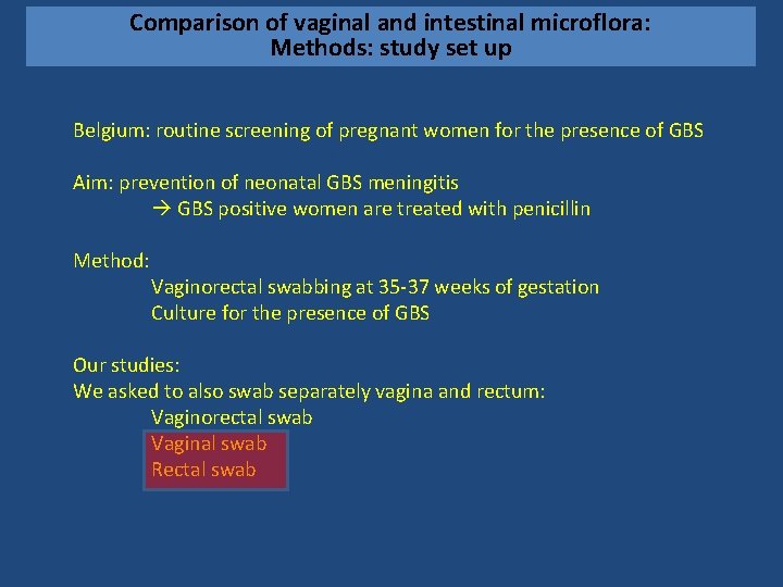 Comparison of vaginal and intestinal microflora: Methods: study set up Belgium: routine screening of