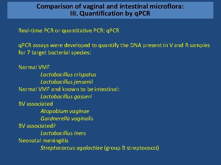 Comparison of vaginal and intestinal microflora: III. Quantification by q. PCR Real-time PCR or