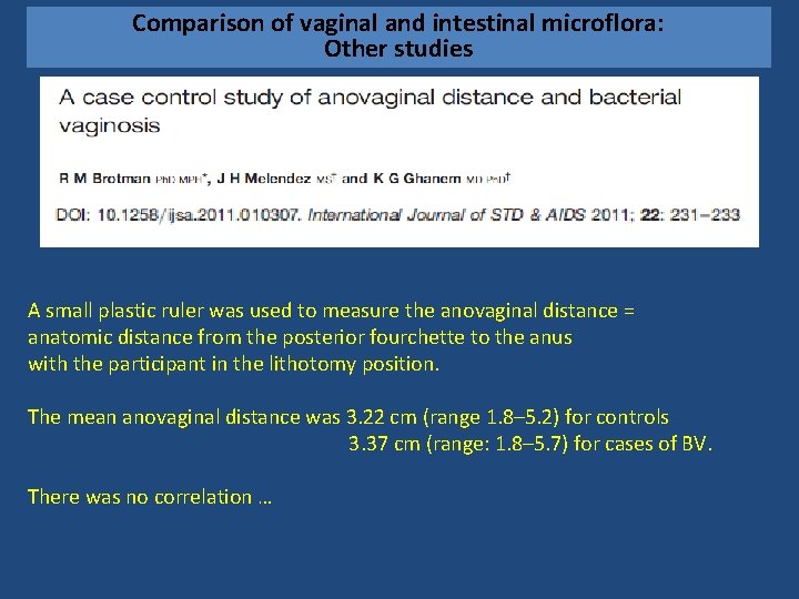 Comparison of vaginal and intestinal microflora: Other studies A small plastic ruler was used