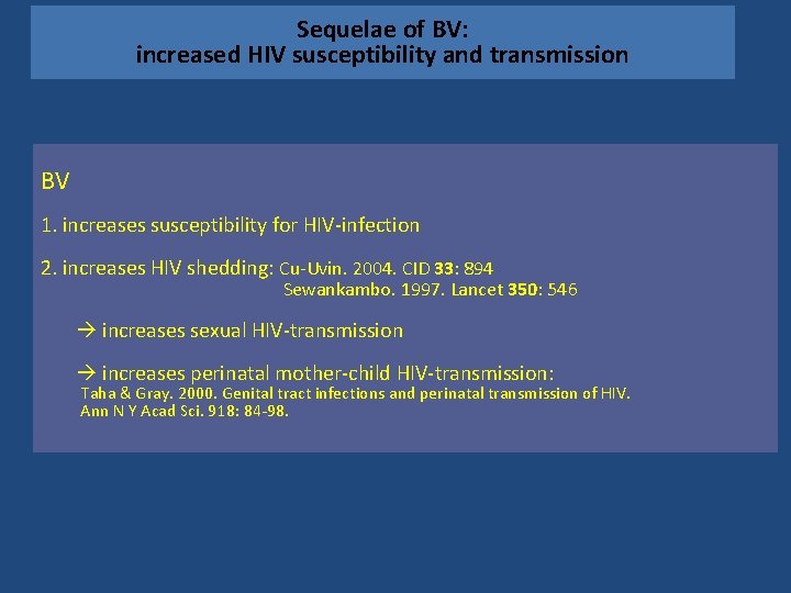 Sequelae of BV: increased HIV susceptibility and transmission BV 1. increases susceptibility for HIV-infection
