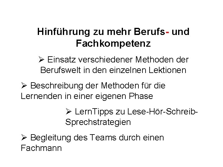 Hinführung zu mehr Berufs- und Fachkompetenz Ø Einsatz verschiedener Methoden der Berufswelt in den