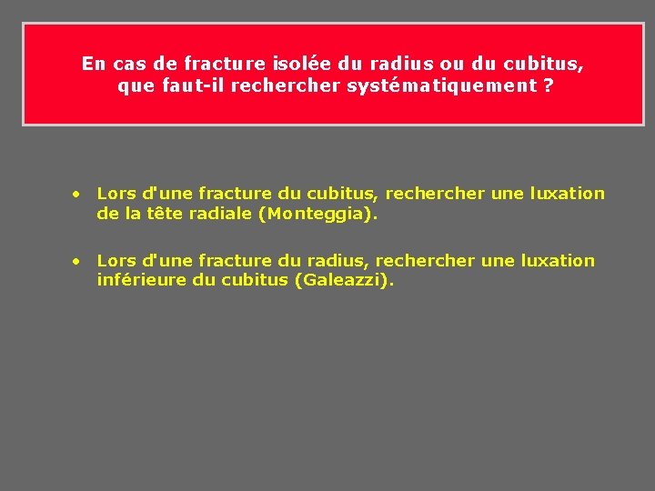 En cas de fracture isolée du radius ou du cubitus, que faut-il recher systématiquement