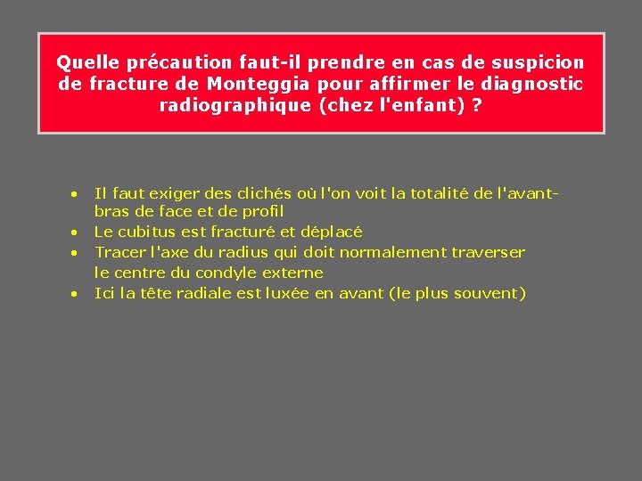 Quelle précaution faut-il prendre en cas de suspicion de fracture de Monteggia pour affirmer