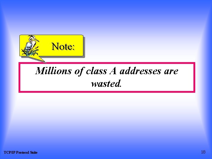 Note: Millions of class A addresses are wasted. TCP/IP Protocol Suite 18 