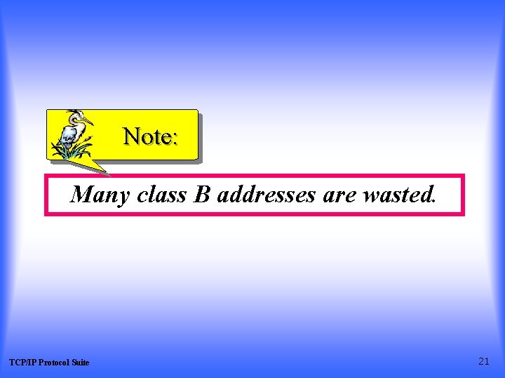 Note: Many class B addresses are wasted. TCP/IP Protocol Suite 21 