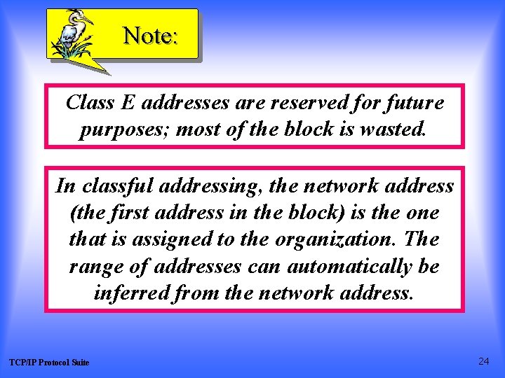 Note: Class E addresses are reserved for future purposes; most of the block is