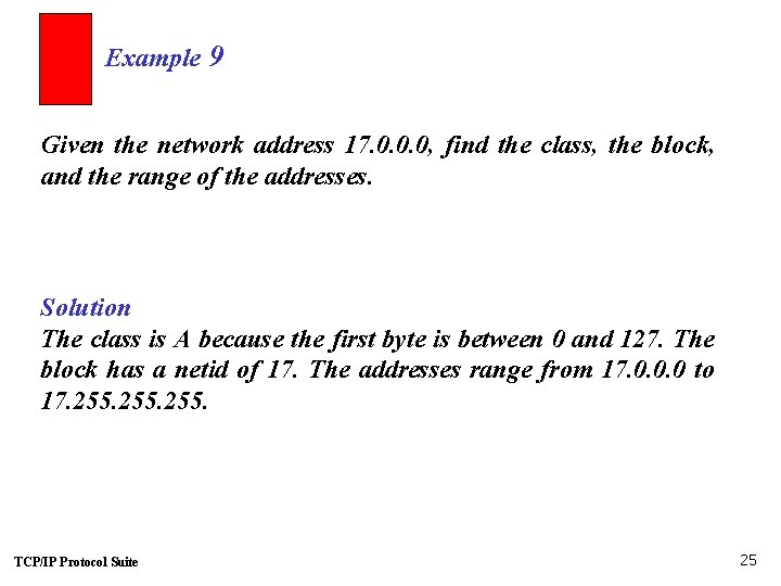 Example 9 Given the network address 17. 0. 0. 0, find the class, the