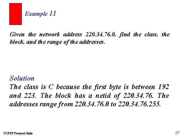 Example 11 Given the network address 220. 34. 76. 0, find the class, the