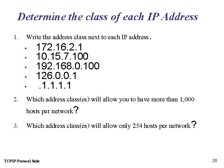 Determine the class of each IP Address 1. Write the address class next to