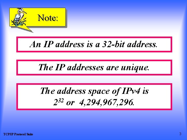 Note: An IP address is a 32 -bit address. The IP addresses are unique.