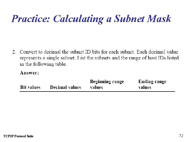 Practice: Calculating a Subnet Mask TCP/IP Protocol Suite 72 