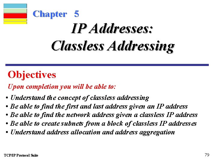 Chapter 5 IP Addresses: Classless Addressing Objectives Upon completion you will be able to: