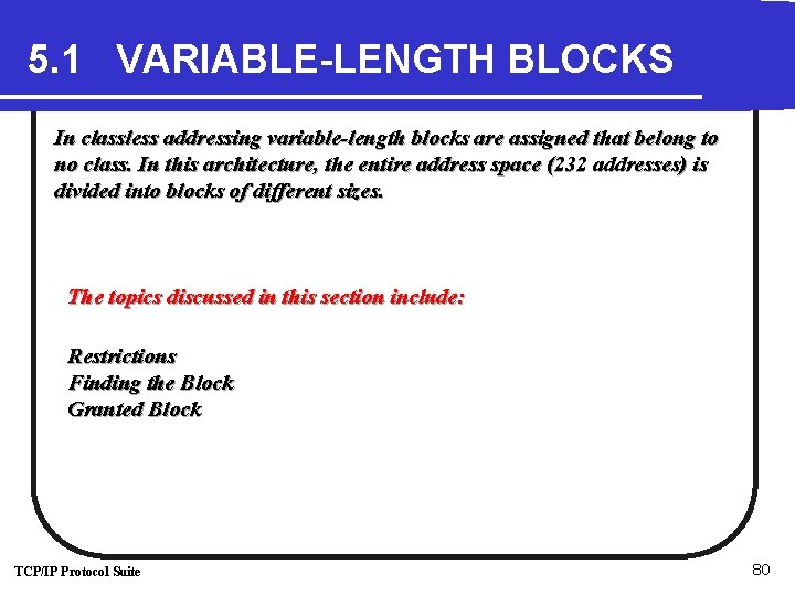 5. 1 VARIABLE-LENGTH BLOCKS In classless addressing variable-length blocks are assigned that belong to