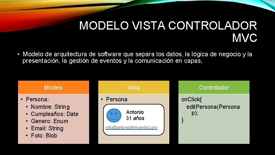 MODELO VISTA CONTROLADOR MVC • Modelo de arquitectura de software que separa los datos,