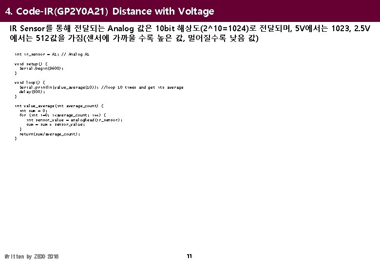 4. Code-IR(GP 2 Y 0 A 21) Distance with Voltage IR Sensor를 통해 전달되는