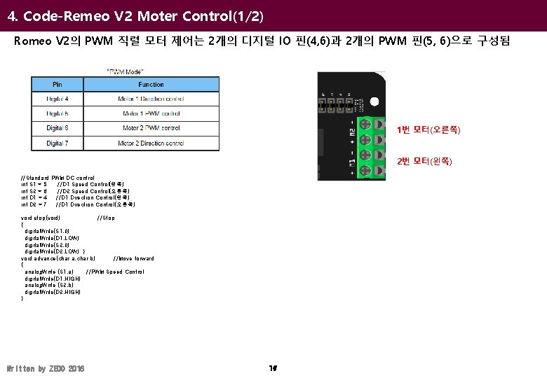 4. Code-Remeo V 2 Moter Control(1/2) Romeo V 2의 PWM 직렬 모터 제어는 2개의