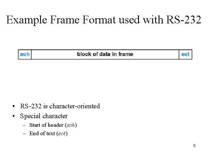 Example Frame Format used with RS-232 • RS-232 is character-oriented • Special character –