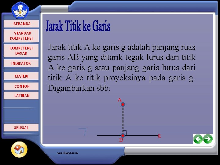  BERANDA STANDAR KOMPETENSI DASAR INDIKATOR MATERI CONTOH Jarak titik A ke garis g