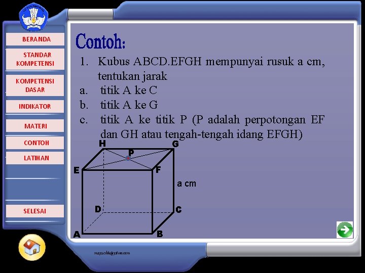  BERANDA STANDAR KOMPETENSI DASAR INDIKATOR MATERI CONTOH 1. Kubus ABCD. EFGH mempunyai rusuk