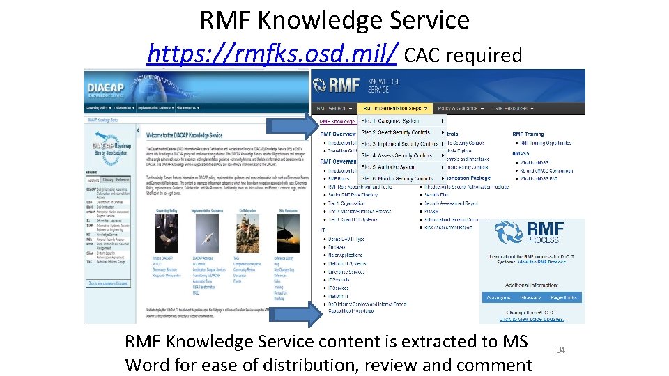 RMF Knowledge Service https: //rmfks. osd. mil/ CAC required RMF Knowledge Service content is