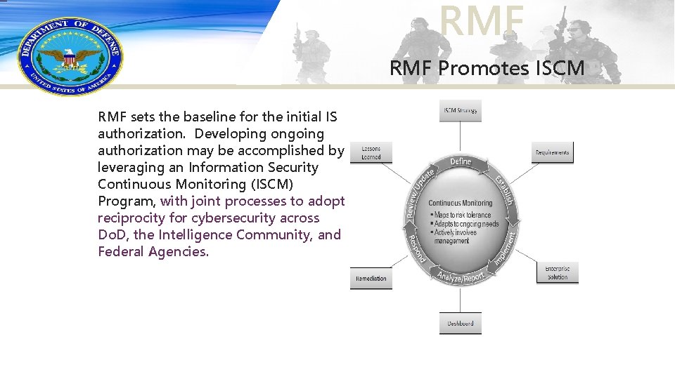 RMF Promotes ISCM RMF sets the baseline for the initial IS authorization. Developing ongoing