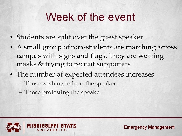 Week of the event • Students are split over the guest speaker • A