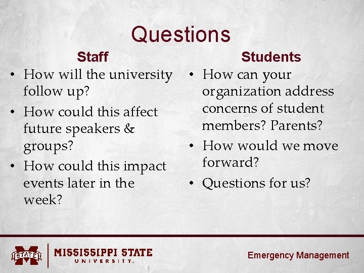 Questions Staff • How will the university follow up? • How could this affect