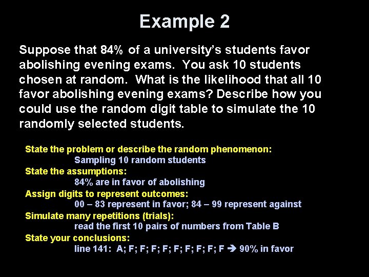 Example 2 Suppose that 84% of a university’s students favor abolishing evening exams. You