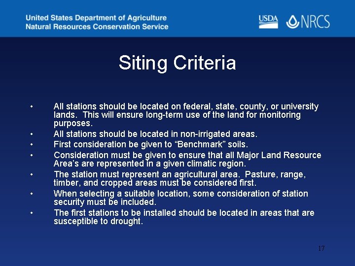 Siting Criteria • • All stations should be located on federal, state, county, or