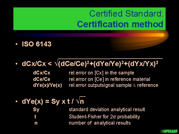 Certified Standard: Certification method • ISO 6143 • d. Cx/Cx < Ö(d. Ce/Ce)2+(d. Ye/Ye)2+(d.