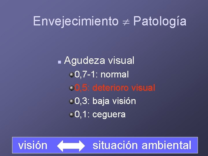 Envejecimiento Patología n Agudeza visual 0, 7 -1: normal 0, 5: deterioro visual 0,