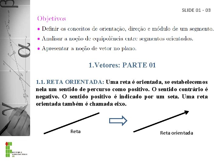 SLIDE 01 - 03 1. Vetores: PARTE 01 1. 1. RETA ORIENTADA: Uma reta