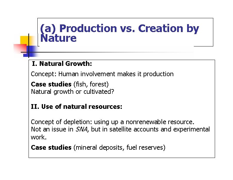  (a) Production vs. Creation by Nature I. Natural Growth: Concept: Human involvement makes
