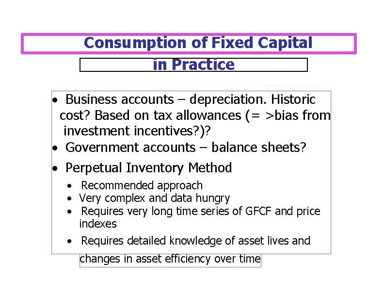 Consumption of Fixed Capital in Practice · Business accounts – depreciation. Historic cost? Based