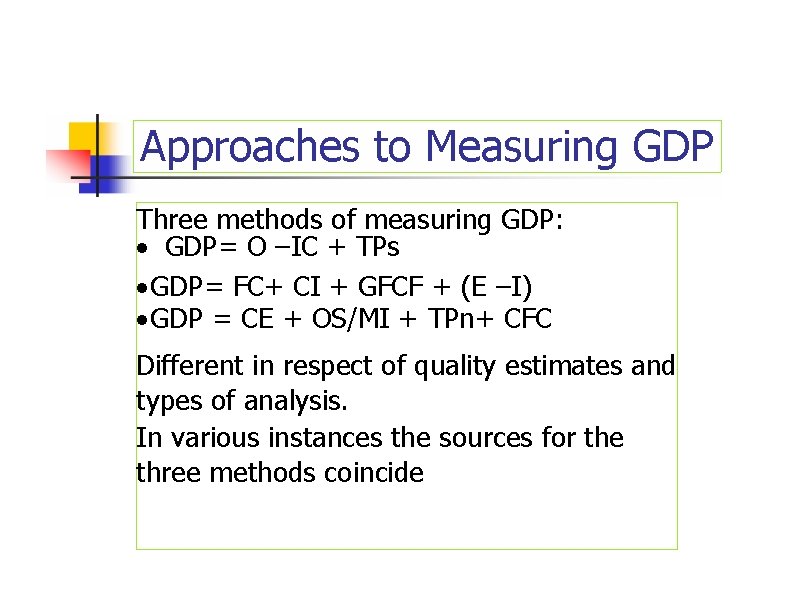 Approaches to Measuring GDP Three methods of measuring GDP: · GDP= O –IC +