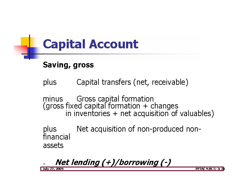 Capital Account Saving, gross plus Capital transfers (net, receivable) minus Gross capital formation (gross