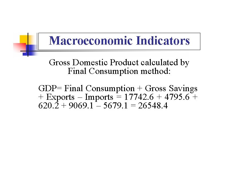 Macroeconomic Indicators Gross Domestic Product calculated by Final Consumption method: GDP= Final Consumption +