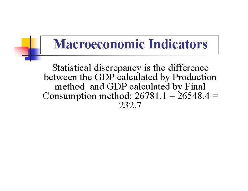 Macroeconomic Indicators Statistical discrepancy is the difference between the GDP calculated by Production method