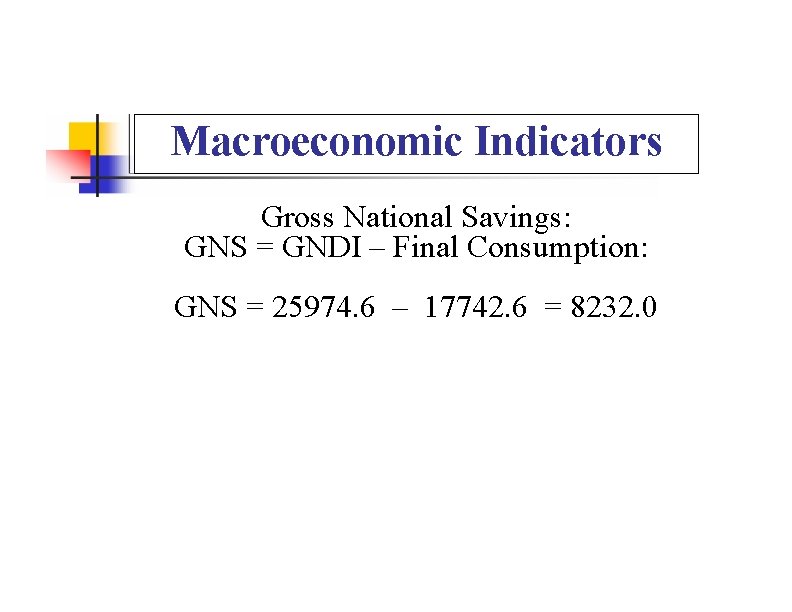 Macroeconomic Indicators Gross National Savings: GNS = GNDI – Final Consumption: GNS = 25974.