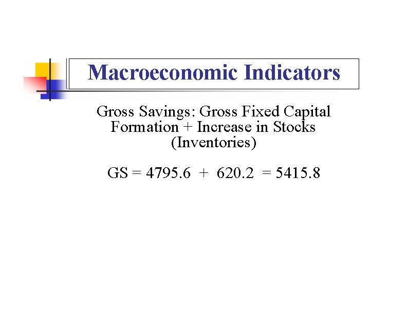 Macroeconomic Indicators Gross Savings: Gross Fixed Capital Formation + Increase in Stocks (Inventories) GS