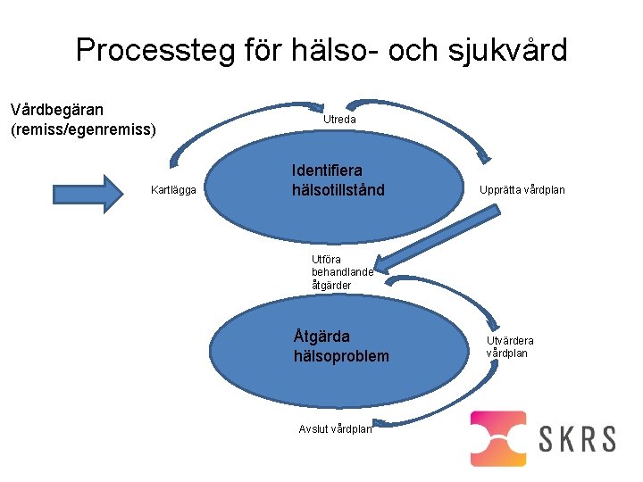 Processteg för hälso- och sjukvård Vårdbegäran (remiss/egenremiss) Kartlägga Utreda Identifiera hälsotillstånd Upprätta vårdplan Utföra