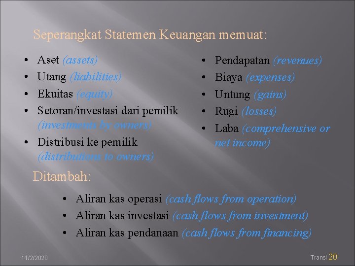 Seperangkat Statemen Keuangan memuat: • • Aset (assets) Utang (liabilities) Ekuitas (equity) Setoran/investasi dari