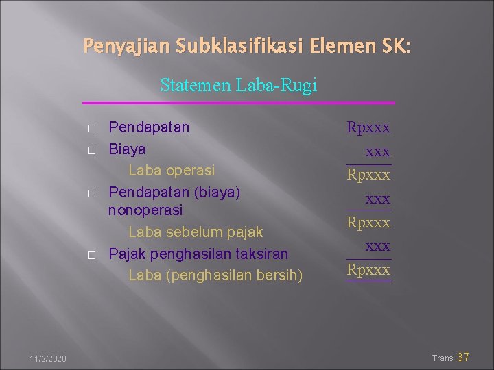 Penyajian Subklasifikasi Elemen SK: Statemen Laba-Rugi � � 11/2/2020 Pendapatan Biaya Laba operasi Pendapatan