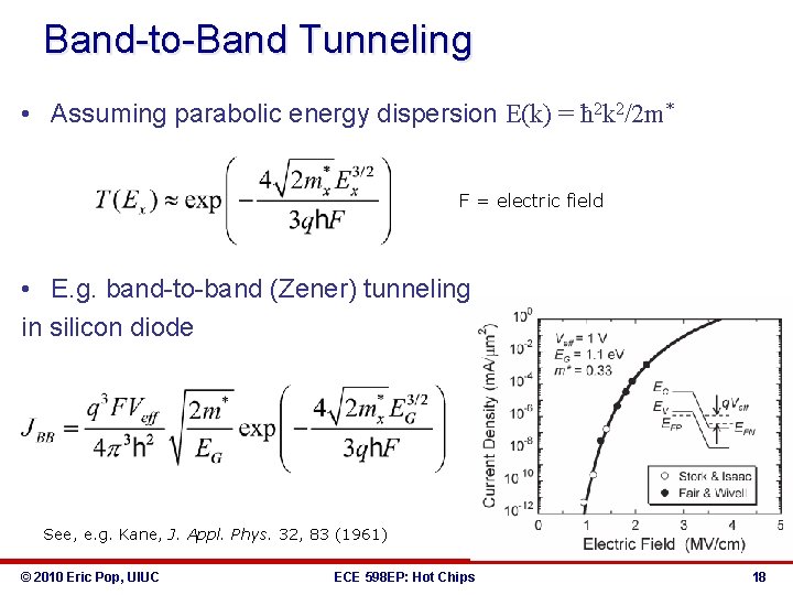 Band-to-Band Tunneling • Assuming parabolic energy dispersion E(k) = ħ 2 k 2/2 m*